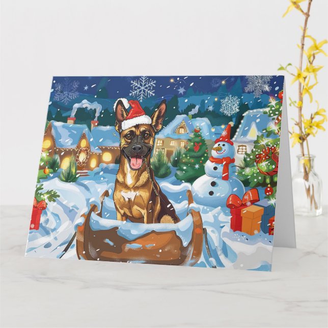 Belgischer Malinoi Hund in Sleigh Snow Weihnachten Karte (Gelbe Blume)
