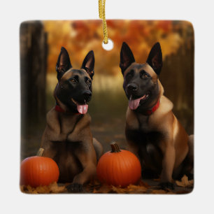 Belgischer Malinoi-Welpe Herbstfreude Kürbis Keramikornament