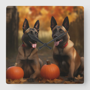 Belgischer Malinoi-Welpe Herbstfreude Kürbis  Quadratische Wanduhr