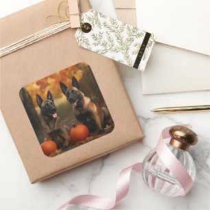 Belgischer Malinoi-Welpe Herbstfreude Kürbis Quadratischer Aufkleber