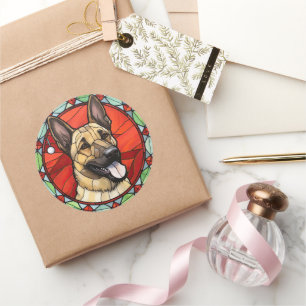 Belgischer Malinois Buntglas Weihnachten Runder Aufkleber