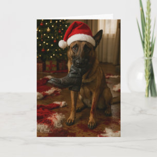 Belgischer Malinois hat Weihnachtsmann-Weihnachtsk Feiertagskarte