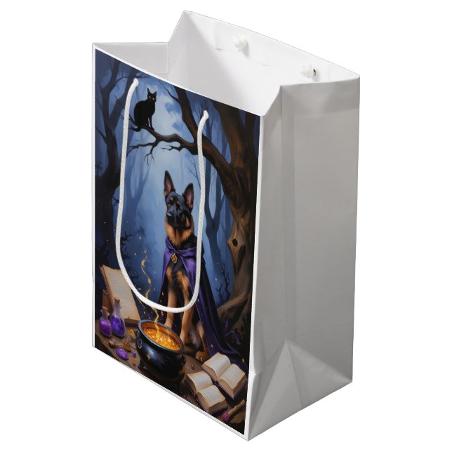 Belgischer Malinois Hund Gemälde zu Halloween Mittlere Geschenktüte (Vorderseite Schrägansicht)