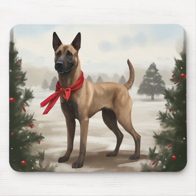 Belgischer Malinois-Hund zu Schneeschweihnachtsfes Mousepad (Vorne)