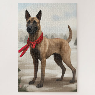 Belgischer Malinois-Hund zu Schneeschweihnachtsfes Puzzle