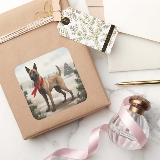 Belgischer Malinois-Hund zu Schneeschweihnachtsfes Quadratischer Aufkleber (Schenken)