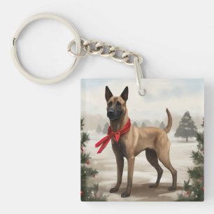Belgischer Malinois-Hund zu Schneeschweihnachtsfes Schlüsselanhänger