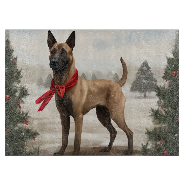Belgischer Malinois-Hund zu Schneeschweihnachtsfes Schneidebrett (Vorderseite)