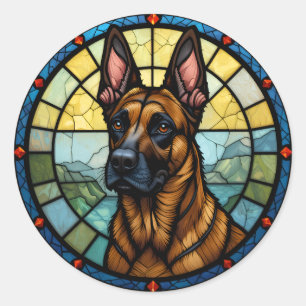 Belgischer Malinois im Stil von Buntglas-Illustrat Runder Aufkleber