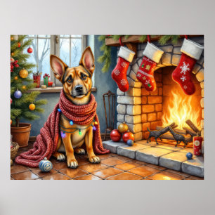 Belgischer Malinois-Kamin mit Weihnachtslichtern Poster