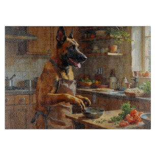 Belgischer Malinois kocht in der Küche Schneidebrett