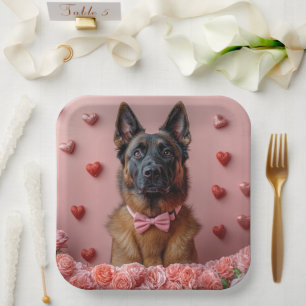 Belgischer Malinois mit Rosen - Valentinstag Pappteller