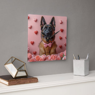 Belgischer Malinois mit Rosen - Valentinstag  Quadratische Wanduhr