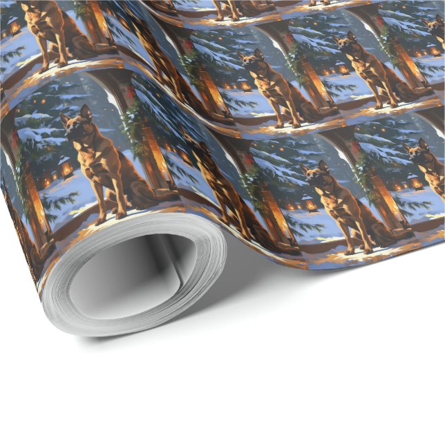 Belgischer Malinois mit Weihnachtslichtern Feierta Geschenkpapier (Rolleneckpunkt)