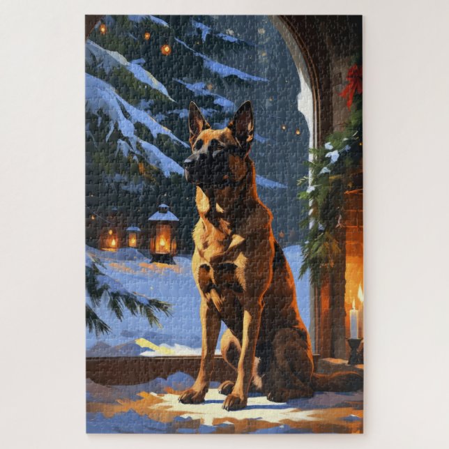 Belgischer Malinois mit Weihnachtslichtern Feierta Puzzle (Vertikal)