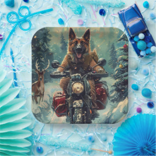 Belgischer Schäferhund fährt Motorrad Weihnachten Pappteller