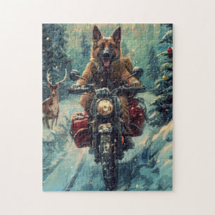 Belgischer Schäferhund fährt Motorrad Weihnachten Puzzle