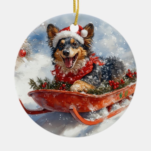 Belgischer Schäferhund in Sledge Let it Schnee Wei Keramik Ornament (Vorne)