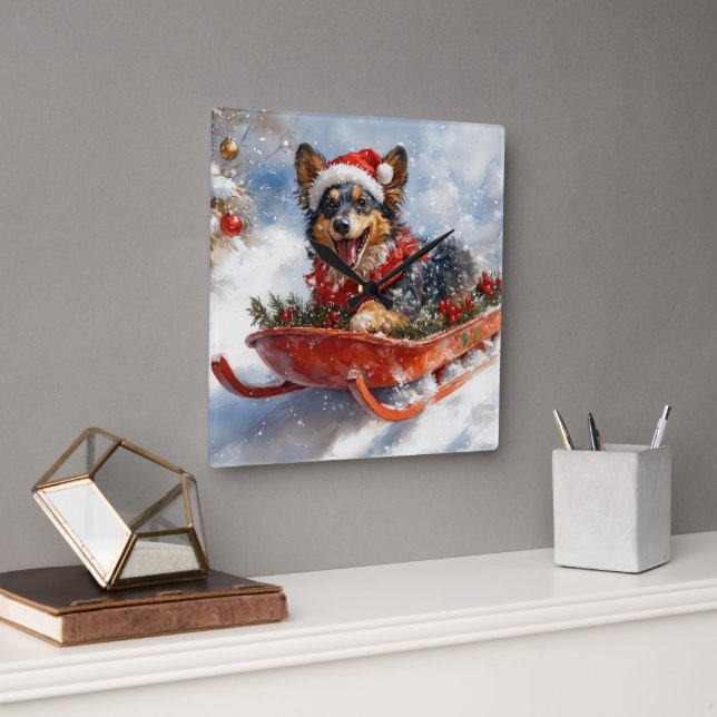 Belgischer Schäferhund in Sledge Let it Schnee Wei Quadratische Wanduhr (Büro)