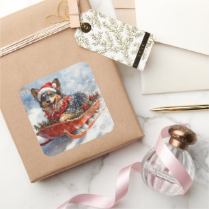 Belgischer Schäferhund in Sledge Let it Schnee Wei Quadratischer Aufkleber