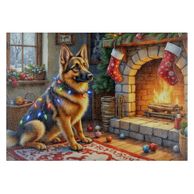 Belgischer Schäferhund Kamin mit Weihnachtslichter Schneidebrett (Vorderseite)