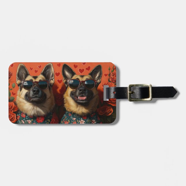 Belgischer Schäferhund mit Herz-Rose Valentinstag Gepäckanhänger (Vorderseite horizontal)