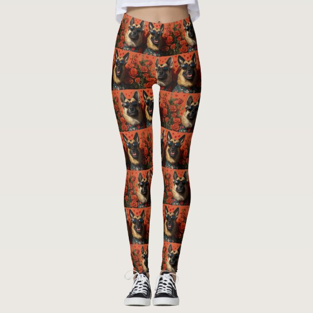 Belgischer Schäferhund mit Herz-Rose Valentinstag Leggings (Vorderseite)
