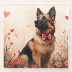 Belgischer Schäferhund mit Rosen - Valentinstag Glasuntersetzer