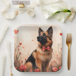 Belgischer Schäferhund mit Rosen - Valentinstag Pappteller