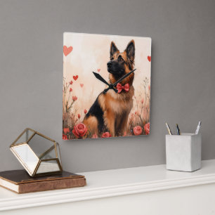 Belgischer Schäferhund mit Rosen - Valentinstag Quadratische Wanduhr