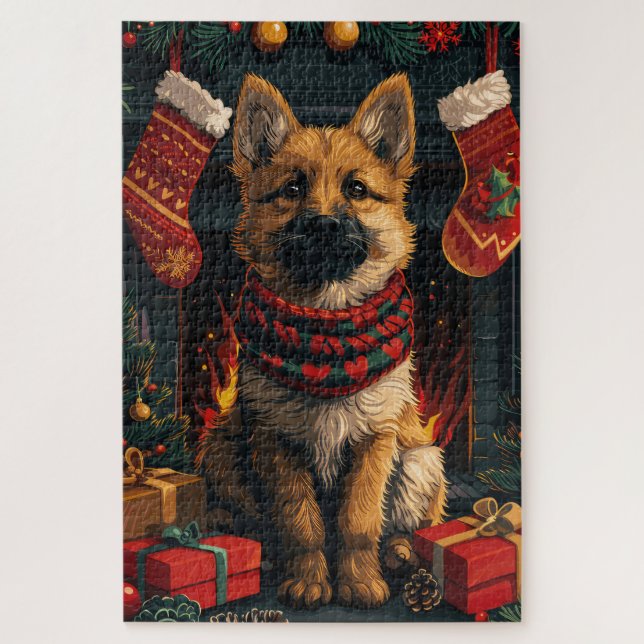 Belgischer Schäferhund mit Weihnachtsgeschenk Kami Puzzle (Vertikal)