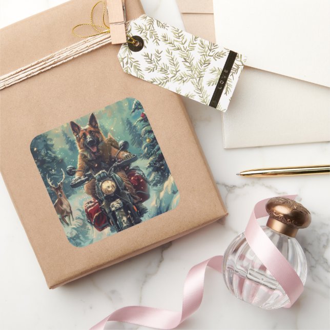 Belgischer Schäferhund Riding Motorrad Weihnachten Quadratischer Aufkleber (Schenken)