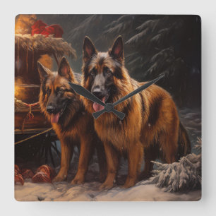Belgischer Schäferhund Snowy Sleigh Weihnachtsdeko Quadratische Wanduhr