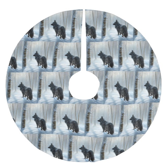 Belgischer Schafhund lässt Schnee Weihnachten Polyester Weihnachtsbaumdecke (Vorderseite)