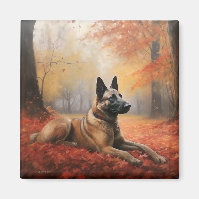 Belgisches Malinoi im Herbst Leaves Fall Inspirier Magnet (Vorne)