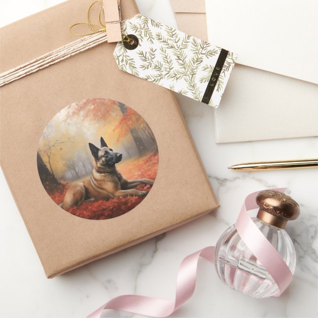 Belgisches Malinoi im Herbst Leaves Fall Inspirier Runder Aufkleber (Schenken)