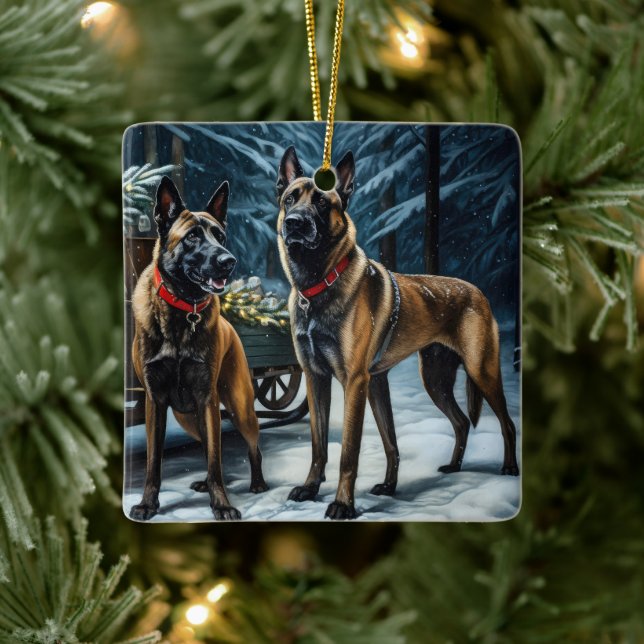 Belgisches Malinoi Snowy Sleigh Weihnachtsdekor Keramikornament (Baum)