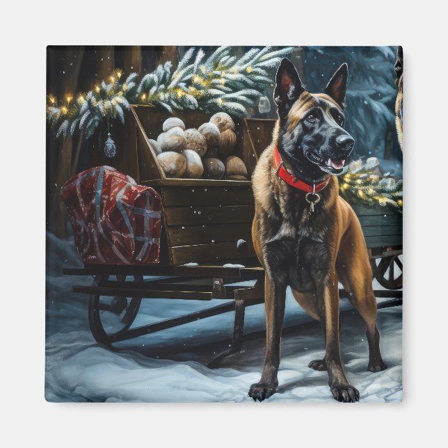 Belgisches Malinoi Snowy Sleigh Weihnachtsdekor Magnet (Vorne)