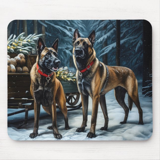 Belgisches Malinoi Snowy Sleigh Weihnachtsdekor Mousepad (Vorne)