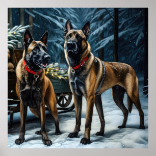Belgisches Malinoi Snowy Sleigh Weihnachtsdekor Poster