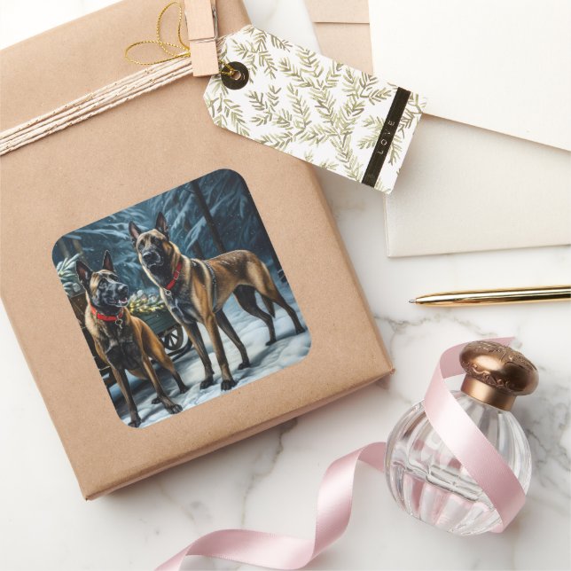 Belgisches Malinoi Snowy Sleigh Weihnachtsdekor Quadratischer Aufkleber (Schenken)