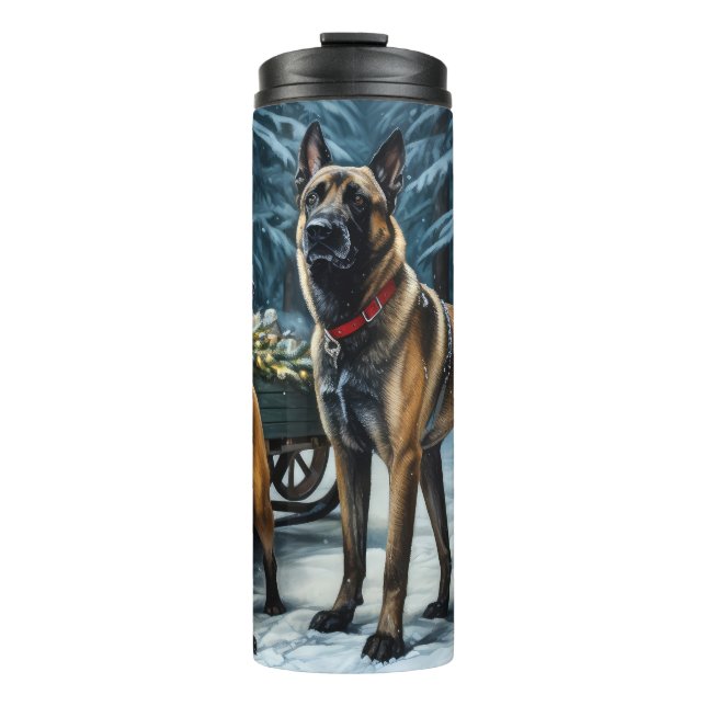 Belgisches Malinoi Snowy Sleigh Weihnachtsdekor Thermosbecher (Vorderseite)