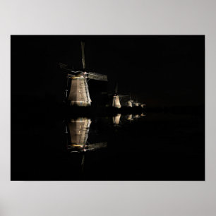 Belichtete Windmühlen, Kinderdijk am Nachtplakat Poster