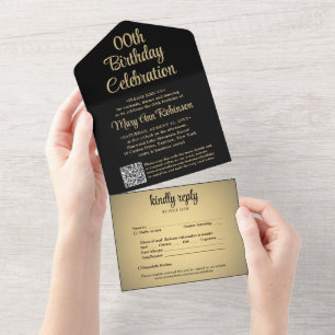 Beliebiger Geburtstagsfeier-QR-Code-RSVP Schwarz u All In One Einladung