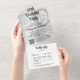 Beliebiger Geburtstagsfeier QR-Code RSVP und Foto- All In One Einladung