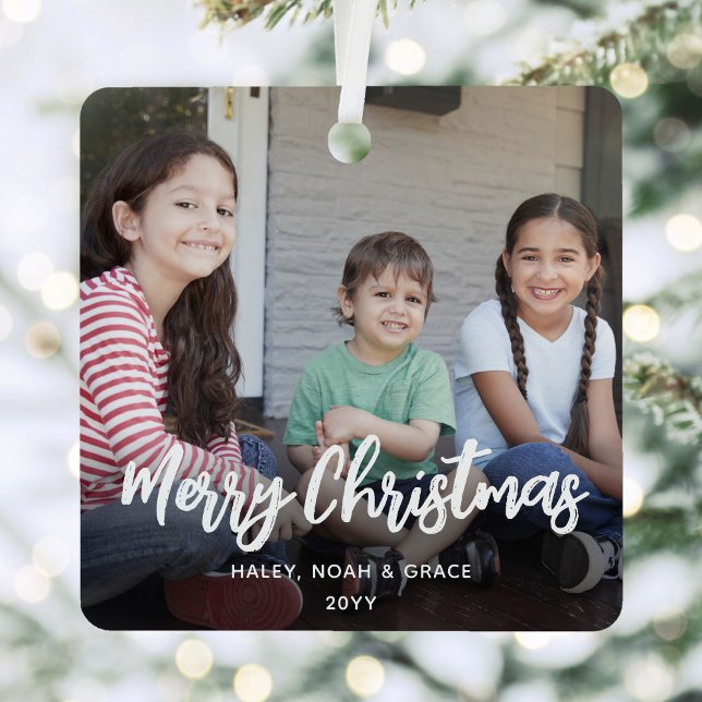 beliebiges Text 2 Foto Trendy Pinsel White Script Ornament Aus Metall (Von Creator hochgeladen)