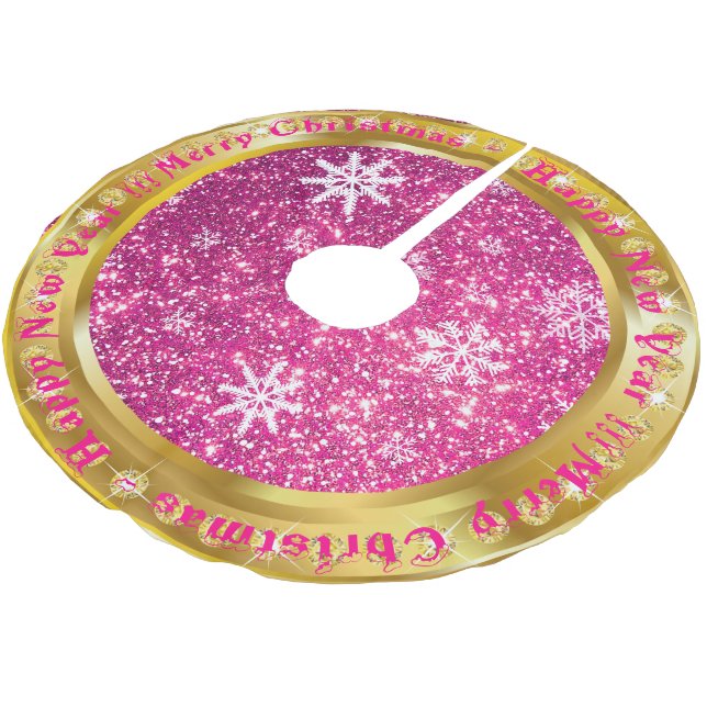 Beliebter Snowflake Gold Glitzer Pink Polyester Weihnachtsbaumdecke (Schrägansicht)