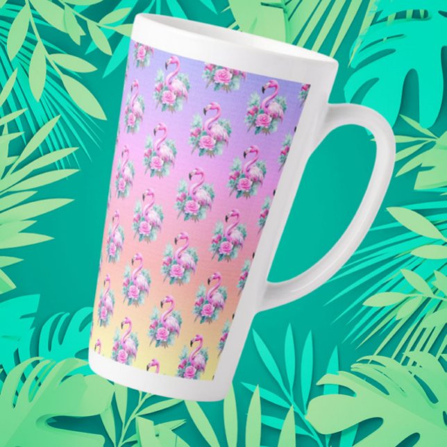 Beliebter tropischer Sonnenuntergang Rosa Flamingo Milchtasse (Tropical sunset flamingo large latte mug)