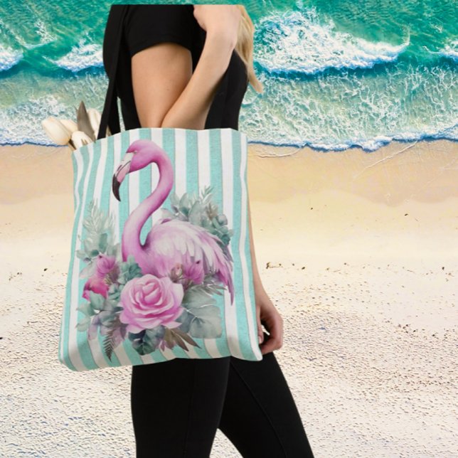Beliebtes Blumenrosa Flamingo am Mintstreifen (Room for your towel, hat and book!)