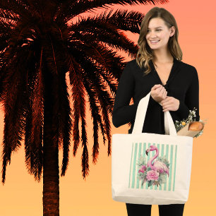 Beliebtes rosa Flamingo auf Mint Stripe Jumbo Stoffbeutel